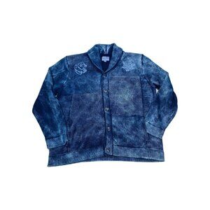 Lucky Brand Cardigan Sweater Mens 2XL Blue Tiger Rose Embroidered Shawl Neck